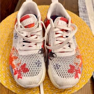 NOBULL White Athletic Shoes with Red, Orange & Gray Floral Accents